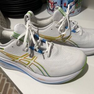 Asics White with Blue and Green Accents Athletic Shoes.  Gel Nimbus 26
